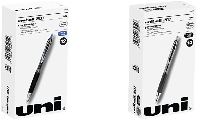 uniball Gel Pens, 207 Signo Gel with 0.5mm Micro Point, 12 Count, Blue Pens are Fraud Proof & uniball Gel Pens, 207 Signo Gel with 0.7mm Medium Point, 12 Count, Black Pens are Fraud Proof