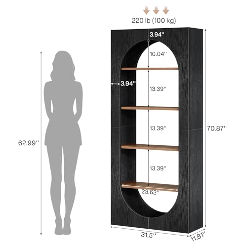Image of Tribesigns 5-Tier Black Bookshelf, 70.87-Inch Tall Arched Bookcase with Storage, Modern Arch Book Shelf Storage Organizer for Living Room, Home Office