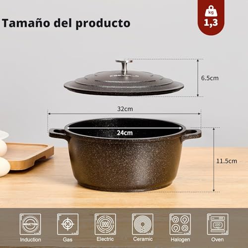 Miniatura 7 de Esevolo - Olla De Hierro Fundido 24 Cm , Diseño Redondo De Aluminio Fundido Con Revestimiento Antiadherente, Olla Con Tapa, Ideal Para Sopa, Estofados, Pan, Horno Y Gas, Color Negro