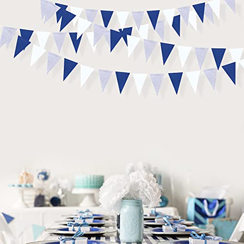 Image of 30 Ft Navy Blue White and Silver Party Decorations Royal Blue Triangle Flag Pennant Banner Bunting for Graduation Birthday Wedding Bridal Shower Nautical Ahoy Achor Theme Party Decorations Supplies