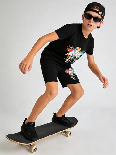 Image of Cakaner Tween Boys Summer Clothes 2 Piece Short Sleeve Graphic T-Shirt and Shorts Casual Outfit Set Size 7-14