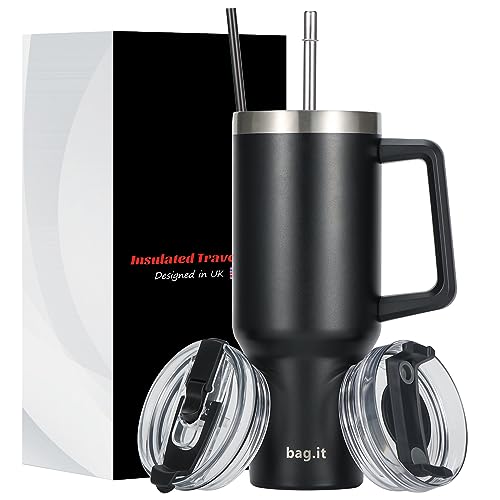 BAG.IT Travel Mug with Straw and Lid 40oz, Tumbler with Handle, Stainless Steel Travel Flask with +2 Straws & Lids | Leak Proof Coffee Cup for Hot or Iced Drink (Black,1200ml)