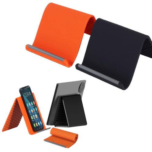Silicone Phone Stand with Aluminum Flexible Foldable Phone Holder Bendable Adjustable Anti-Slip Desktop Stand for Phone Tablet Laptop Portable Rollable Multi-Angle Stand for Home (Black+Orange)