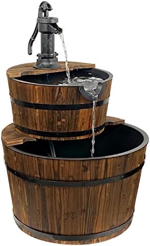 Westcharm Extra Large 10 Gallons Cascading Water Fountain for Outdoor Outside Patio Yard | Decorative 2-Tier Wood Wine Barrel Fountain with Adjustable Pump | 35" Tall Garden Waterfall Fountain