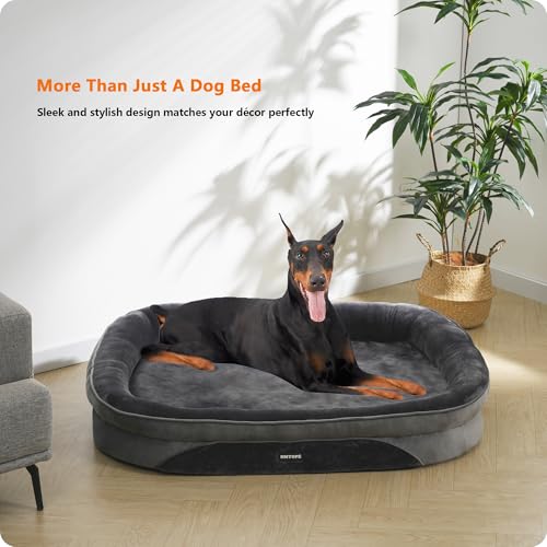 HMTOPE Orthopädisches Hundebett, Hundesofa, Vierseitiges Nackenrolle Kissen, rutschfeste Unterseite Hundekorb, Abnehmbar und Waschbar, Grosse Hunde, 122 x 90 x 19 cm, Dunkelgrau