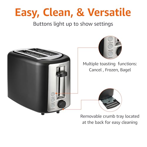Amazon Basics 2 Slice Toaster, Extra Wide Slots for Bagels, 6 Browning Settings, Removable Crumb Tray, Defrost/Cancel/Bagel Buttons, Cord Wrap, 900W, Black & Silver by Amazon Basics - Image 4