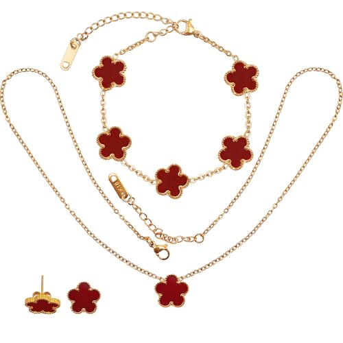 Kaidelight Five Leaf Clover Gift Set: 18K Gold Plated Necklace, Adjustable Bracelet,Stud Earrings for Mom, Wife, Daughter & Friends (Deep Red)