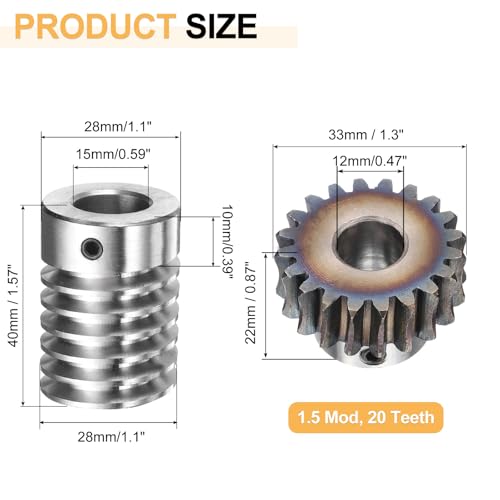 QUARKZMAN #45 Stahl Schneckenradsatz 20T 1,5 Modul 20:1 Übersetzungsverhältnis, Antriebsgetriebe Rad Teil (Zahnrad-12mm Bohrung 33mm Außendurchmesser, Stange 15mm Bohrung)