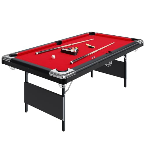 MegaChoice 6-7 Ft Folding Pool Table, Portable Pool Table, Billiard Table Set Includes Balls, Cues, Chalks and Brush, for Family Game Room, Adult Rrec Room, Basements (Red, 7FT)