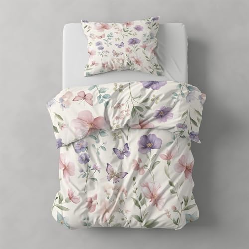 Housse de Couette 220x240 Fleur Rose et Papillon avec 2 Taies d'Oreiller