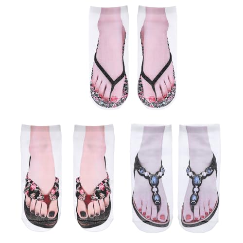3 Pairs Flip Flop Socks, Womens Funny Sock Crazy Design Stocking for Girls 3D Print Pattern Socks Look Like Shoes Sandal Novelty Silly Ankle Sock Christmas Gifts(Style #3)