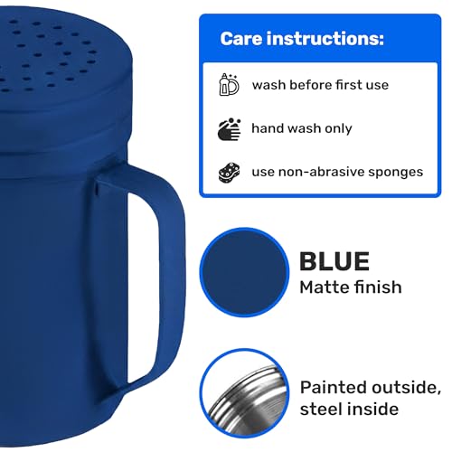 Image of CUSINIUM 14oz Navy Blue Stainless Steel Salt Pepper Dredge Shakers - With Plastic Cap - With Handle - Pack of 2