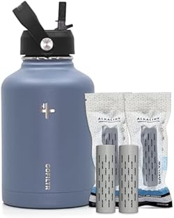 GOFILTR Wasserflasche (1.4 l) + 2 alkalische 9.5 pH-Teesieb – 1500 Nachfüllpackungen + Strohhalmdeckel,Sportwa