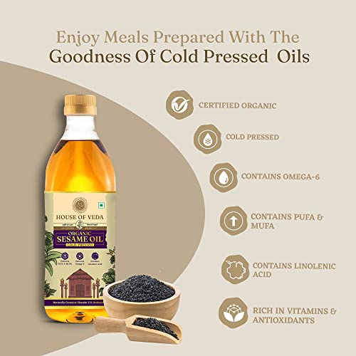 Image of House of Veda Organic Cold Pressed Sesame Oil 1L | Pure Til Ka Tel | Rich in Vitamin E & Natural Antioxidants | Rich, Nutty Flavour | Healthy Heart Cooking Oil | Certified Organic | For Cooking, Skin & Hair