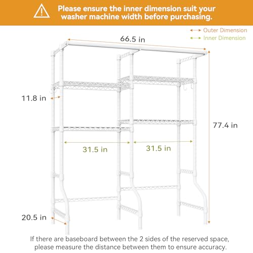 ULIFHOME U14 Over Washer and Dryer Storage Shelves, 4 Tiers Laundry Room Storage and Organizer System, Space Saving Clothes Drying Rack with 2 Clothes Hanger Rods, 66.5" W x 20.5" D x 77.4" H, White - Thumbnail 2