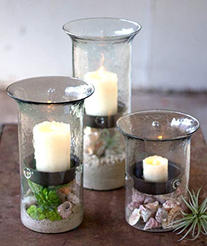 Recycled Glass Hurricane Votive Candle Holder Set Three Rustic Metal Insert #TOP2