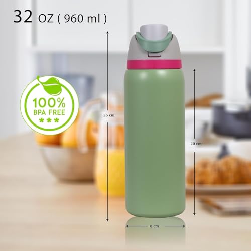 Image of LHOTSE FreeSip Gym Water Bottle with Straw & Spout | Leakproof Stainless Steel Sports Bottle for Workout, Fitness Training & Exercise Hydration (Moss Green, 960 ML)