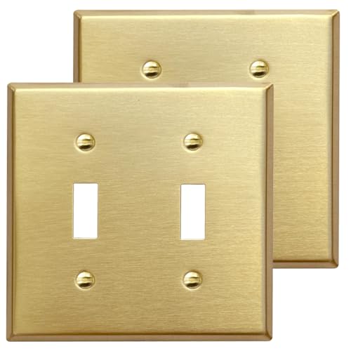 Rio Salto MIDSIZE BRASS Signature Collection Decorative Brushed Brass Gold Metal Outlet Covers, Light Switch Cover Plate, Premium Wall Plate Covers, 2-Gang Double Toggle Flip Switch 5" x 4.94", 2-Pack