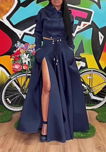Women's Casual 2 Piece Outfits Long Sleeves Hoodies Sweatshirts and High Waist Split Skirt Sweatsuit Lounge Sets3