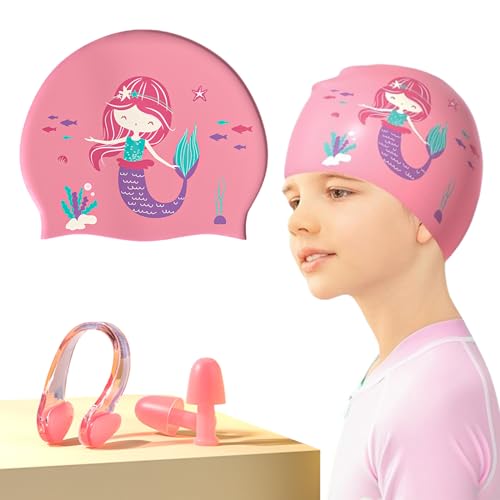 Badekappen für Kinder, Prämie Weich Silikonbedruckte Badekappen, Meerjungfrau-Badekappe Aus Cartoon-Silikon, Silikon-Nasenclip-Ohrstöpselset, Elastische Schwimmmütze für 2-12 Jahre Mädchen Lange Haare