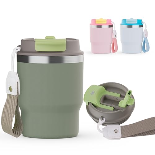 KELP Termo de Cafe, Vaso Termo de Café Para Llevar, Vaso Térmico 400ml de Café, Termo Para Café de Acero Inoxidable, Tecnología Antigoteo y Antideslizamiento, Termo de Café Para Llevar (Verde, 350ml)