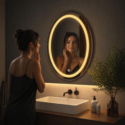 Image of LED Bathroom Wall Mirror with 3 Decorative Lights | Touch Sensor | Warm | Natural and Cool White | for Wash Basin | Bedroom | Dressing Area (Oval, 18x24)