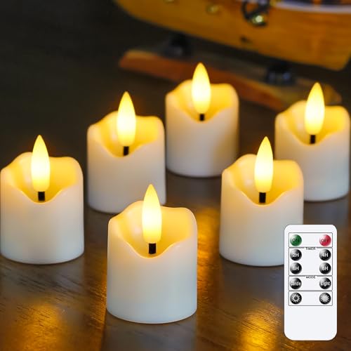 Wroxipel 6 Pack Battery Operated Auto Daily Timer Ivory Plastic Flameless Votive LED Candles, Long Runtime 4cm x6cm Flickering Tealight Candles with Remote Control