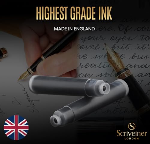 Scriveiner Ink Cartridges Fountain Pen Black - 20 Standard Fountain Pens, Made in the UK, Cartridges for Your Scriveiner Fountain Pen, Universal Size Suitable for Many Fountain Pens