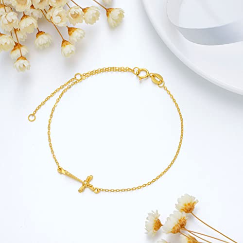 Sisgem 14K Real Gold Cross Bracelets For Women Girls,Yellow Gold Cross Bracelet Religious Faith Jewelry Gifts For Birthday Christmas 6.5+2 Inch (14K Gold-Yellow) #TOP4