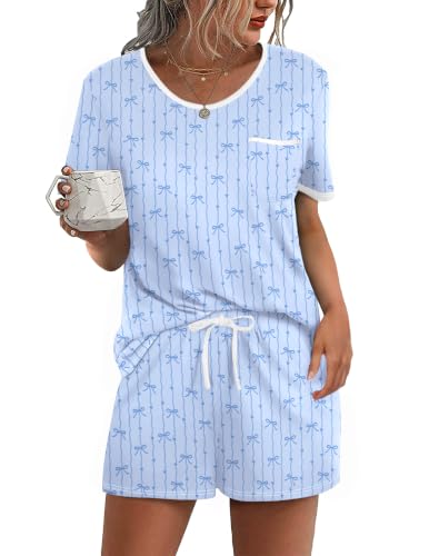 Image of Ekouaer Pajama Set for Women 2 Piece Lounge Set Short Sleeve Tops and Shorts Soft Sleepwear, Chest Pocket