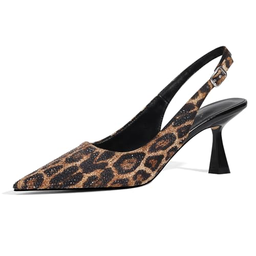 Image of LOCERICH Women's Kitten Heels Slingback Low Heel Dress Shoes Closed Toe Pumps Rhinestone Pointed Toe Sparkly Sling Back Bridal Wedding Party