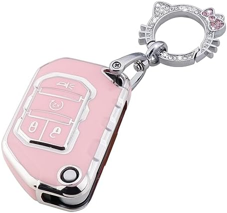 Pink Key Fob Cover for Jeep, Soft TPU Key Case Protection with Bling Keychain Fit for 2018-2022 Jeep Gladiator Wrangler Sahara Rubicon