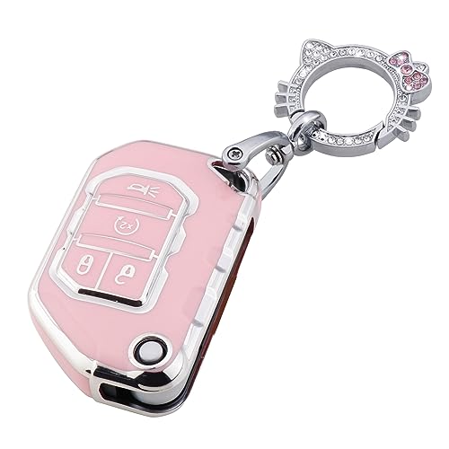 Image of Pangpai Pink Key Fob Cover for Jeep, Soft TPU Key Case Protection with Bling Keychain Fit for 2018-2022 Jeep Gladiator Wrangler Sahara Rubicon