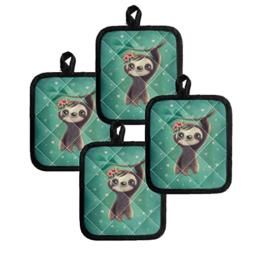 Jndtueit Cartoon Sloth Heat Resistant Pot Holders 4 Set, Let's Hang Sloths Quilted Liner 8.2 X 7 Inches Hot Pads, Pink Heart Table Pads For Kitchen And Dining Table(Green) #TOP3