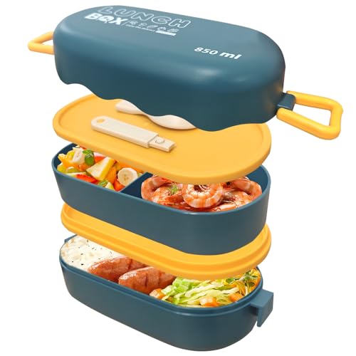 huoflame Bento Box Lunchbox mit Besteck – Kompakte Doppel-Schicht Brotdose 850ml für Erwachsene & Kinder – Mikrowellengeeignet BPA-frei Snackbox...