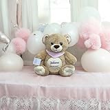 KIDDI-MEDIA Teddy Bär mit Name & Geburtsdatum Bestickt/Geschenk zur Taufe Geburt/personalisiert 30 cm (Halstuch: Rosa (MÄDCHEN)