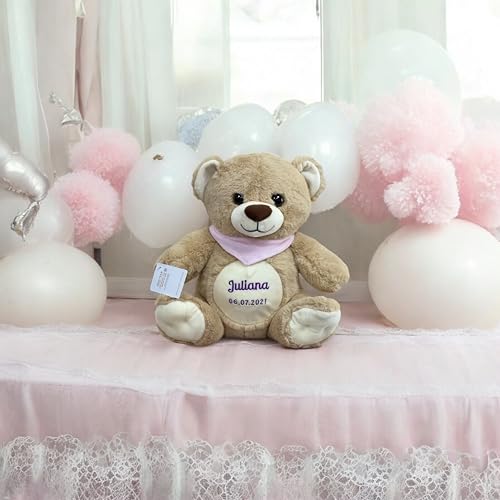KIDDI-MEDIA Teddy Bär mit Name & Geburtsdatum Bestickt/Geschenk zur Taufe Geburt/personalisiert 30 cm (Halstuch: Rosa (MÄDCHEN)