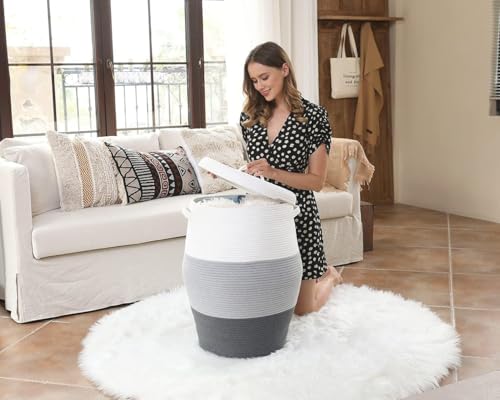 Image of Storage Cotton Rope Basket and Laundry Hamper for Dirty Clothes, Towels, Blankets, Pillows Storage in Living Room, Laundry Room and Bedroom (White Grey & Dark Grey With Lid, 14x18 Inch)