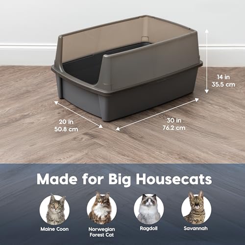 IRIS USA Cat Litter Box XX-Large Open Top with High Sided Walls Tall Scatter Shield Scoop Included Easy Clean Plastic Pan for Big Cats Kittens Multi-Cat Households 30" L x 20" W x 14" H Gray by IRIS USA - Image 2