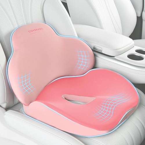 Image of Coverado Car Seat Cushion and Lumbar Support Pillow, Memory Foam Ergonomic Back Support Driving Seat Cushion for Sciatica, Tailbone, Back Pain, Non-Slip Washable Cushion for Car, Driver, Office