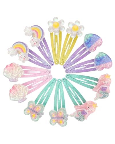 KGDUYC 6 Paare Haarspangen Mädchen Glitzer, Haarspangen Kinder Mehrfarbig, Meerjungfrau Schmetterling Regenbogen Blumen Haarschmuck, Süße Haarklammer Klein für Geburtstagsfeier Geschenk