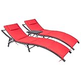 Devoko Patio Chaise Lounge Sets Outdoor Rattan Adjustable Back 3 Pieces Cushioned Patio Folding Chaise Lounge with Folding Table (Red)