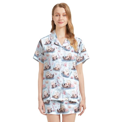 Image of Silk Satin Pajama Set for Women Summer Lounge Pjs Sets 2 Piece Suit Ladies Button Down Tops And Shorts Sleepwear