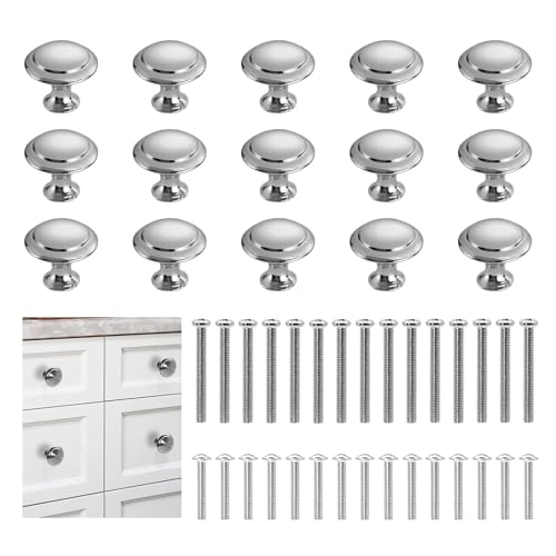 Asheyya 15 Pcs Silver Cupboard Door Knobs, 27mm Stainless Steel Handles Knobs for Cupboards Wardrobe Furniture