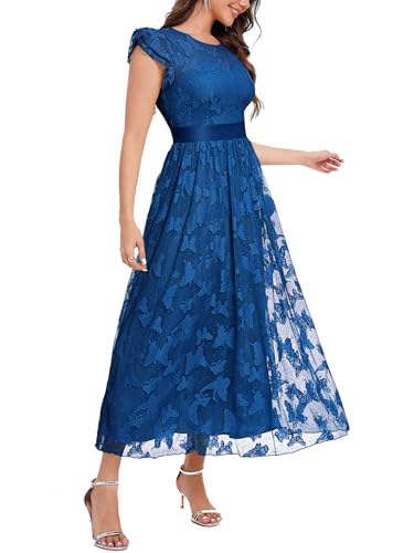 Image of Women's Casual Tulle Midi Dress Ruffle Sleeve Crewneck Lace Flowy Dresses Party Wedding Guest Sundress