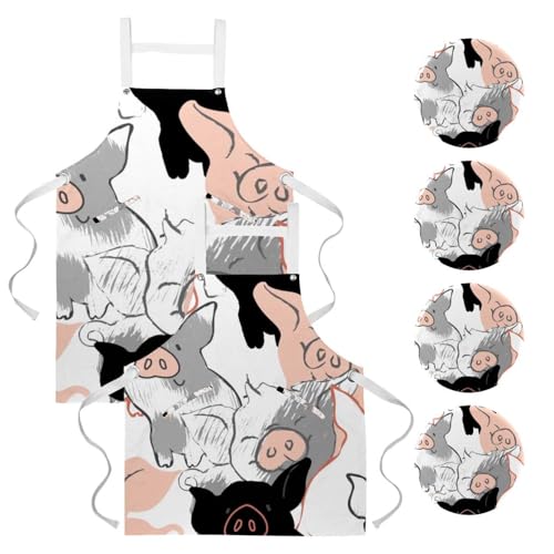 Tabliers de cuisine motifs cochons lot de 2 avec 4 broches ajustables