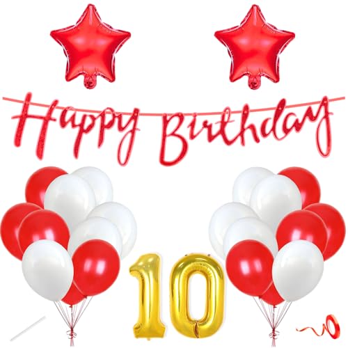 Image of Flyloons 10th Happy Birthday Decoration Kit Red White for Boys Girls Kids Twins Men Women With 20 Pcs Metallic Balloons Birthday Banner 2 Pcs Star Items Set