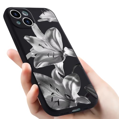 Coque iPhone 16 fleur de lys noir en silicone liquide avec doublure microfibre premium