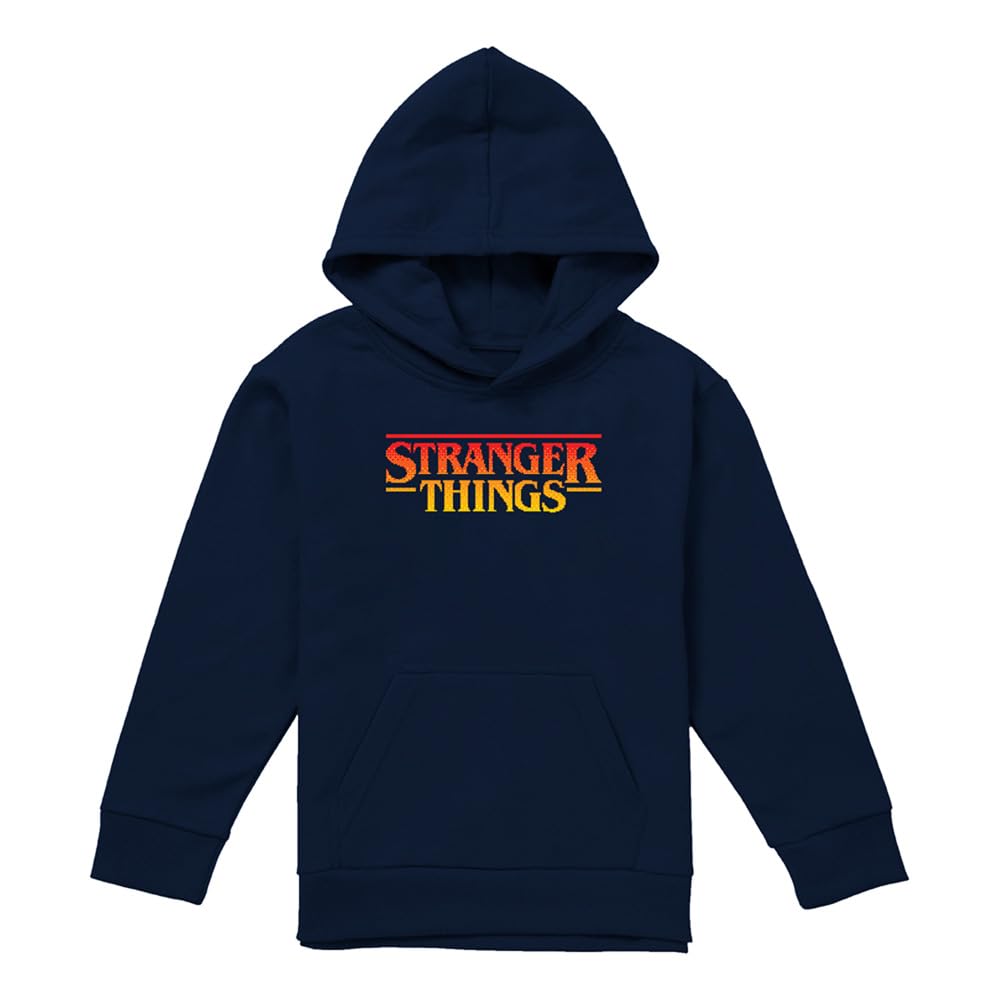 Stranger Things Boys Navy Sunset Pixel Logo Youth Kids /Girls Pull-Over Hoodie, 9-11