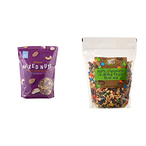 Amazon Brand Happy Belly Deluxe Mixed Nuts (44 Ounce) and Happy Belly Nuts, Chocolate & Dried Fruit Trail Mix (3 Pound)